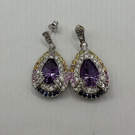 Vintage Silver Earrings | Purple Amethyst Citrine Tourmaline Sapphire Gemstone | 925 Sterling Silver Dangle Drop Chandelier Earrings