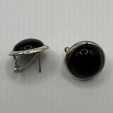 Vintage Silver Earrings | Round Black Onyx Gemstone Crystal Birthstone | 925 Sterling Silver Stud Button Earrings