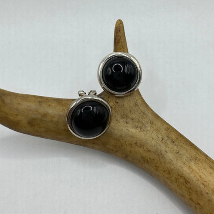 Vintage Silver Earrings | Round Black Onyx Gemstone Crystal Birthstone | 925 Sterling Silver Stud Button Earrings
