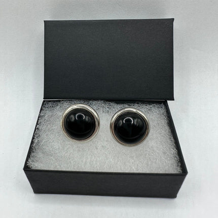 Vintage Silver Earrings | Round Black Onyx Gemstone Crystal Birthstone | 925 Sterling Silver Stud Button Earrings