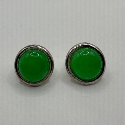 Vintage Gemstone Earrings | Green Jade Crystal Birthstone | 925 Sterling Round Silver Button Earrings
