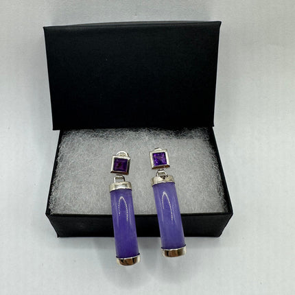 Vintage Lavender Purple Jade Drop Dangle Earrings - 925 Sterling Silver