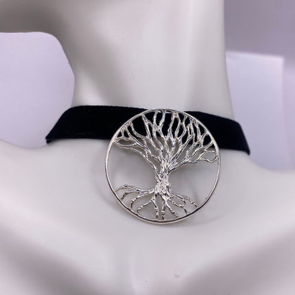 Vintage Silver Pendant Choker Necklace | Spiritual Tree of Life Charm 925 Sterling Silver Black Velvet Choker Necklace
