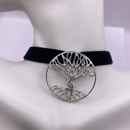 Vintage Silver Pendant Choker Necklace | Spiritual Tree of Life Charm 925 Sterling Silver Black Velvet Choker Necklace