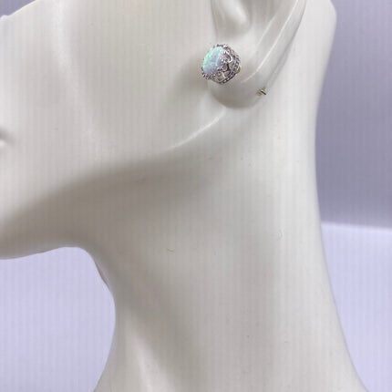 Vintage Silver Earrings | Tiny White Fire Opal Gemstone | 925 Sterling Silver Stud Button Earrings | Minimalist Everyday Jewelry