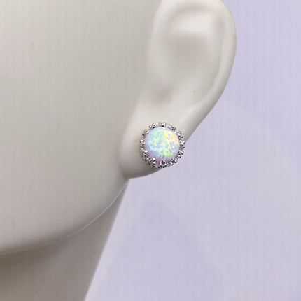 Vintage Silver Earrings | Tiny White Fire Opal Gemstone | 925 Sterling Silver Stud Button Earrings | Minimalist Everyday Jewelry