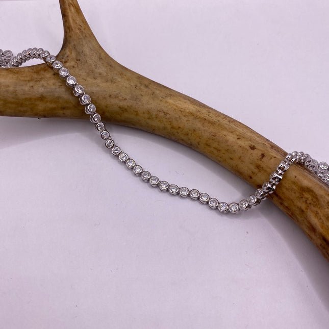 Vintage Silver Necklace | Bezel Set Cubic Zirconia Crystal Diamond Gemstone | 925 Sterling Silver Eternity Chain Tennis Necklace