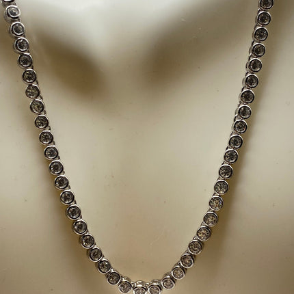 Vintage Silver Necklace | Bezel Set Cubic Zirconia Crystal Diamond Gemstone | 925 Sterling Silver Eternity Chain Tennis Necklace