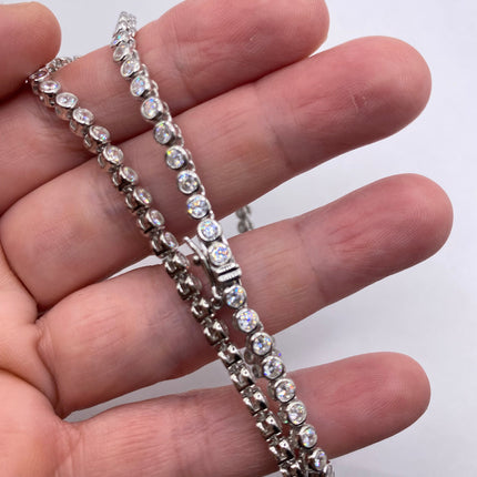 Vintage Silver Necklace | Bezel Set Cubic Zirconia Crystal Diamond Gemstone | 925 Sterling Silver Eternity Chain Tennis Necklace