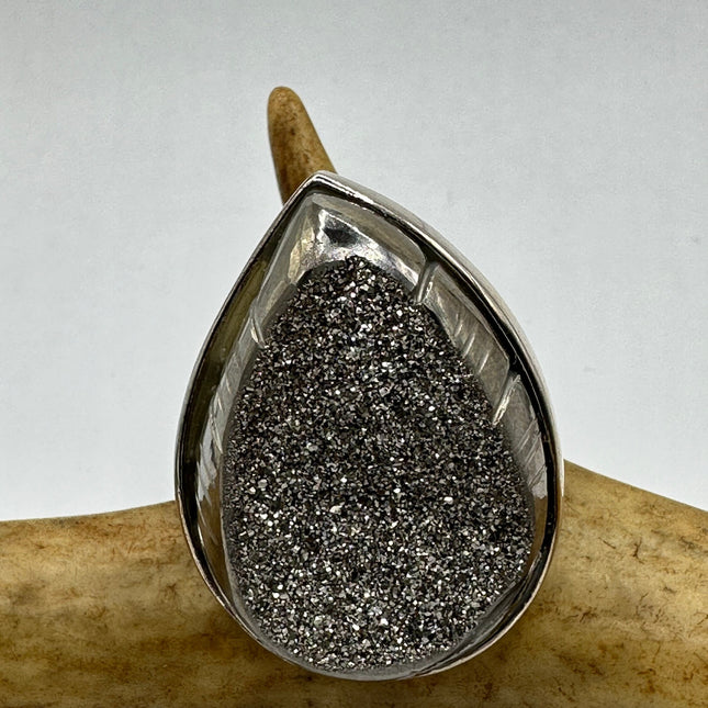 Vintage Hematite Drusy Crystal Ring Band 925 Sterling Silver