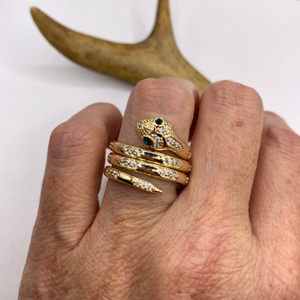 Vintage Gold Snake Ring | Cubic Zirconia Crystal Diamond Gemstones 9k Gold Filled Band | Unique Gift Serpent Statement Cocktail Ring