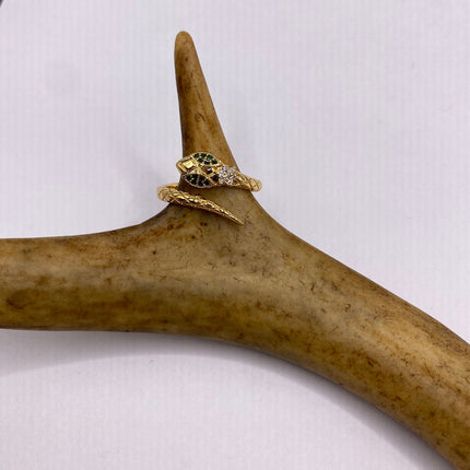 Vintage Gold Snake Ring | Green and Cubic Zirconia Crystal Diamond Gemstones 9k Gold Filled Band | Unique Gift Serpent Statement Ring