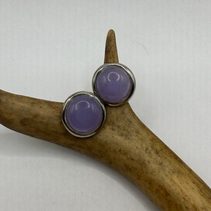 Vintage Silver Earrings | Lavender Purple Jade Gemstone 925 Sterling Silver Button Earrings