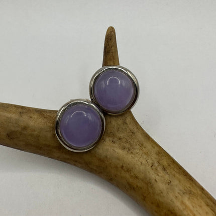 Vintage Silver Earrings | Lavender Purple Jade Gemstone 925 Sterling Silver Button Earrings