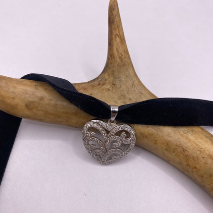 Vintage Cubic Zirconia Heart Choker 925 Sterling Silver Necklace