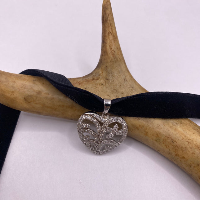 Vintage Cubic Zirconia Heart Choker 925 Sterling Silver Necklace