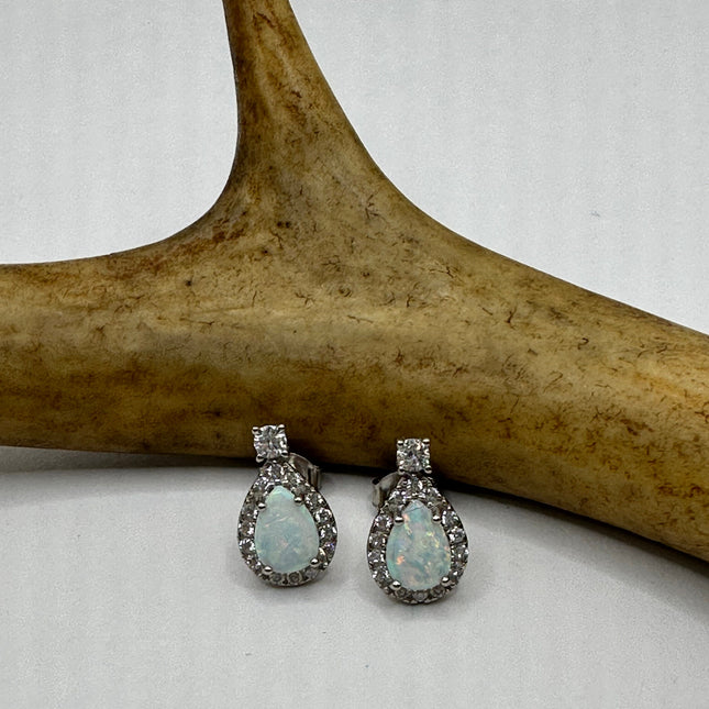 Vintage Silver Earrings | White Fire Opal Stud Button Earrings