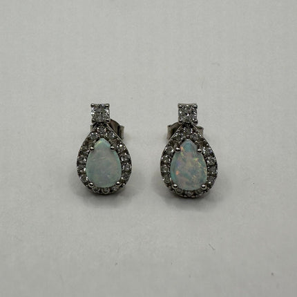 Vintage Silver Earrings | White Fire Opal Stud Button Earrings