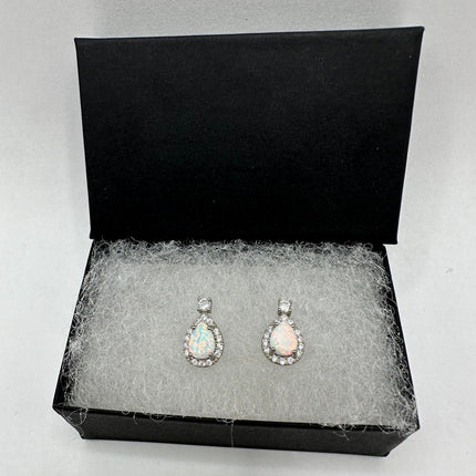 Vintage Silver Earrings | White Fire Opal Stud Button Earrings