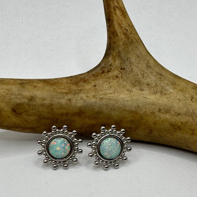 Vintage Silver Earrings | White Fire Opal Stud Button Earrings