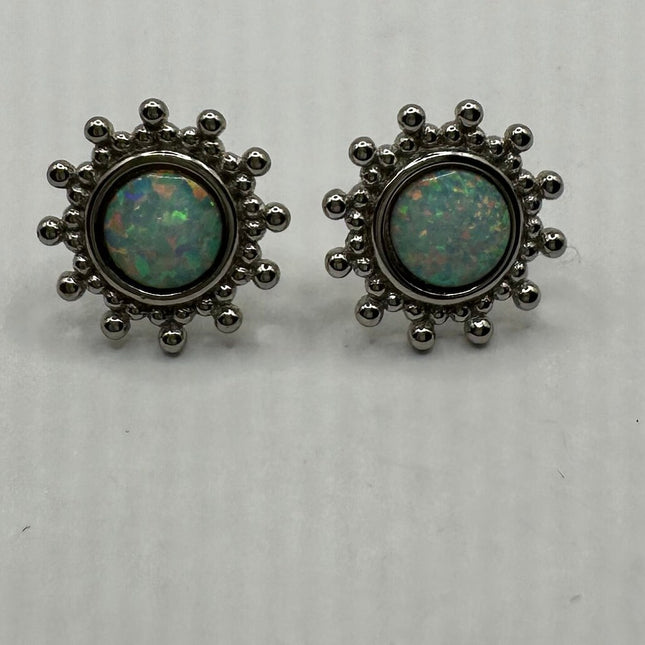 Vintage Silver Earrings | White Fire Opal Stud Button Earrings