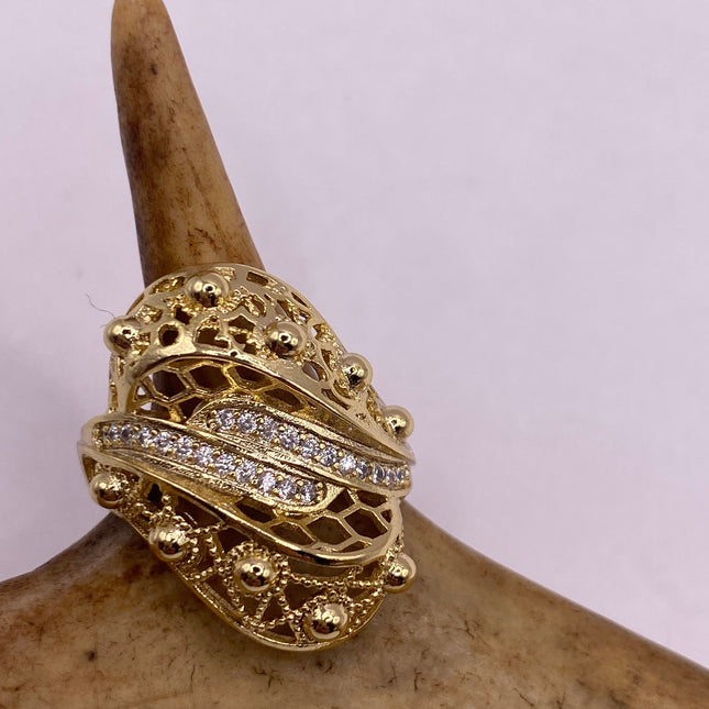 Vintage Gold Ring | Cubic Zirconia Crystal Diamond Gemstones 9k Gold Filled Band | Unique Gift Statement Cocktail Ring
