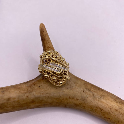 Vintage Gold Ring | Cubic Zirconia Crystal Diamond Gemstones 9k Gold Filled Band | Unique Gift Statement Cocktail Ring