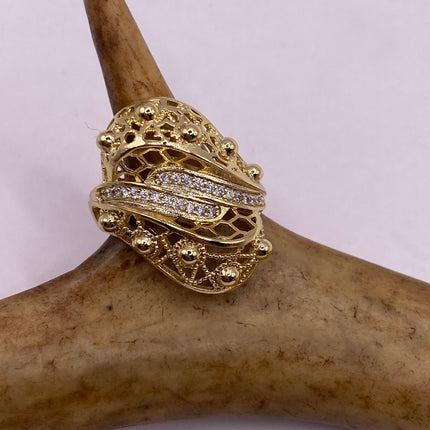 Vintage Gold Ring | Cubic Zirconia Crystal Diamond Gemstones 9k Gold Filled Band | Unique Gift Statement Cocktail Ring