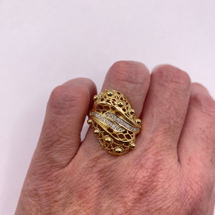 Vintage Gold Ring | Cubic Zirconia Crystal Diamond Gemstones 9k Gold Filled Band | Unique Gift Statement Cocktail Ring