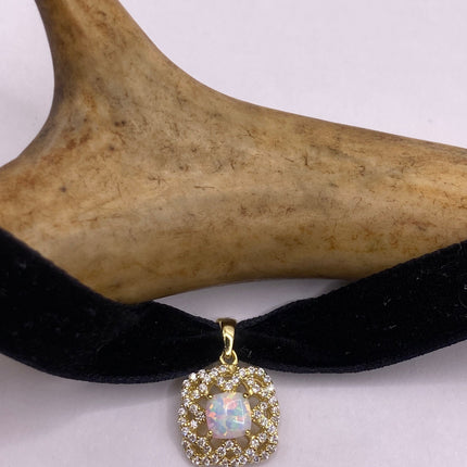 Vintage Gemstone Pendant Choker Necklace | White Fire Opal Diamond CZ Golden Sterling Silver Velvet Ribbon Choker - Free Shipping in US
