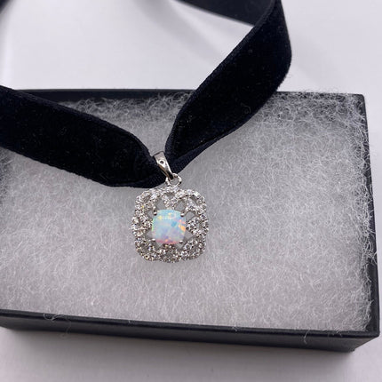 Vintage Silver Pendant Necklace | Tiny White Fire Opal Gemstone Cubic Zirconia Diamond | Sterling Silver Velvet Ribbon Choker Necklace