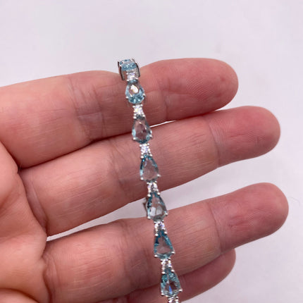 Vintage Silver Tennis Bracelet | Blue Topaz Gemstone Tiny Crystal Birthstone 925 Sterling Silver Box Bracelet | Something Blue