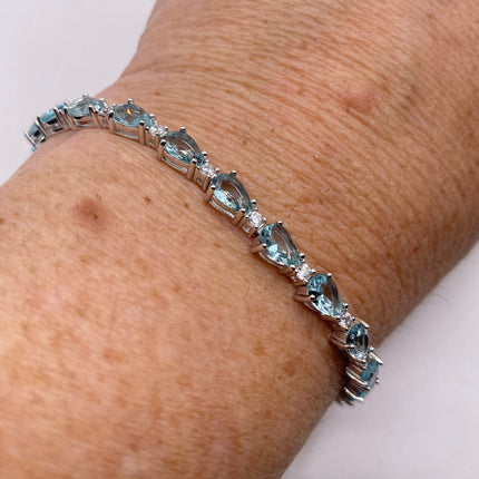 Vintage Silver Tennis Bracelet | Blue Topaz Gemstone Tiny Crystal Birthstone 925 Sterling Silver Box Bracelet | Something Blue