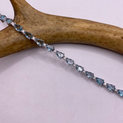 Vintage Silver Tennis Bracelet | Blue Topaz Gemstone Tiny Crystal Birthstone 925 Sterling Silver Box Bracelet | Something Blue