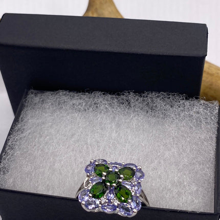 Vintage Green Chrome Diopside Blue Tanzanite Ring Band 925 Sterling Silver