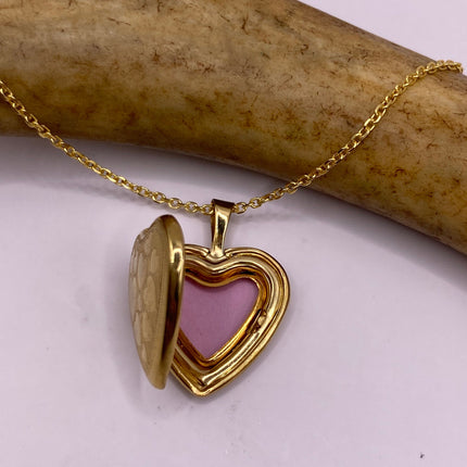 Vintage Gold Locket | Tiny 9k Gold Filled Heart Pendant Photo Memory Charm Engraved Tiny Hearts | Golden 925 Sterling Silver Chain Necklace