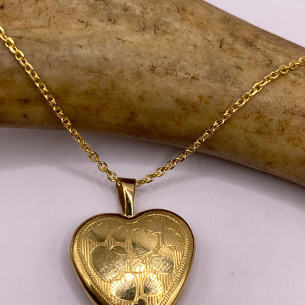 Vintage Gold Locket | Tiny 9k Gold Filled Heart Pendant Photo Memory Charm Engraved Tiny Hearts | Golden 925 Sterling Silver Chain Necklace