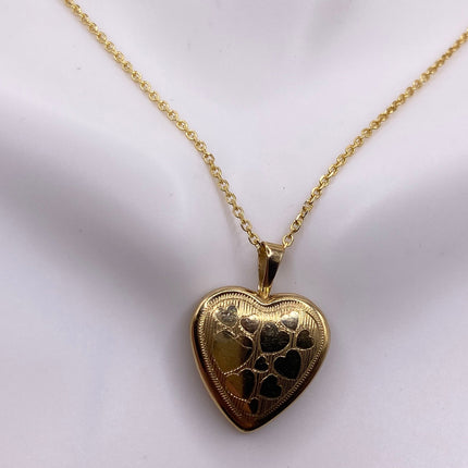 Vintage Gold Locket | Tiny 9k Gold Filled Heart Pendant Photo Memory Charm Engraved Tiny Hearts | Golden 925 Sterling Silver Chain Necklace