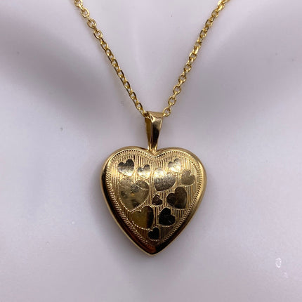 Vintage Gold Locket | Tiny 9k Gold Filled Heart Pendant Photo Memory Charm Engraved Tiny Hearts | Golden 925 Sterling Silver Chain Necklace
