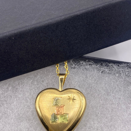 Vintage Gold Locket | Tiny 9k Gold Filled Heart Pendant Photo Charm Engraved ABC blocks - BABY | Gold 925 Sterling Silver Chain Necklace