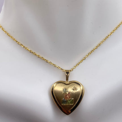 Vintage Gold Locket | Tiny 9k Gold Filled Heart Pendant Photo Charm Engraved ABC blocks - BABY | Gold 925 Sterling Silver Chain Necklace