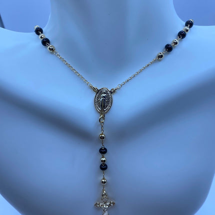 Vintage Gold Rosary Necklace | Black Onyx Gemstone Beaded 9k Gold Filled Cross Pendant Charm Rosary Prayer Necklace