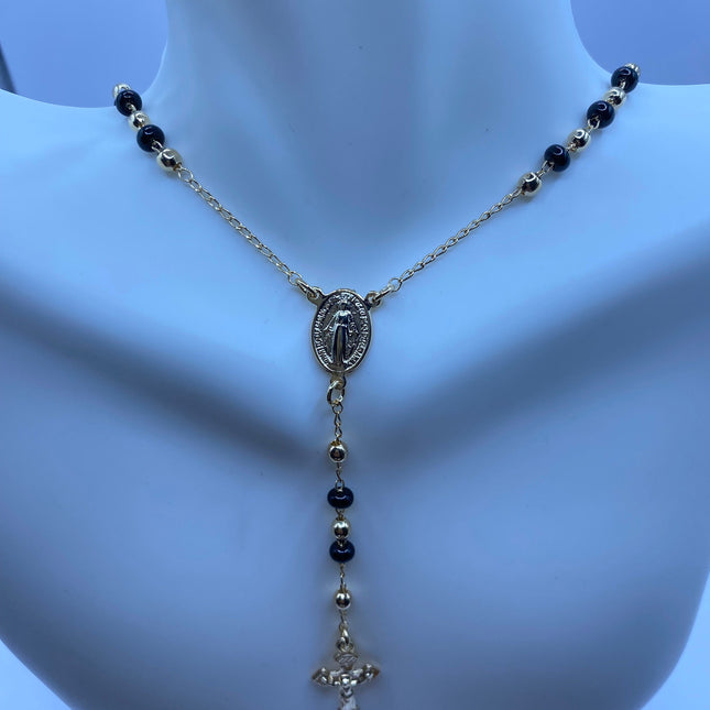 Vintage Gold Rosary Necklace | Black Onyx Gemstone Beaded 9k Gold Filled Cross Pendant Charm Rosary Prayer Necklace