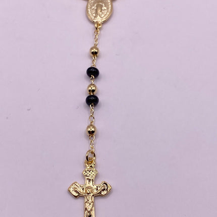 Vintage Gold Rosary Necklace | Black Onyx Gemstone Beaded 9k Gold Filled Cross Pendant Charm Rosary Prayer Necklace