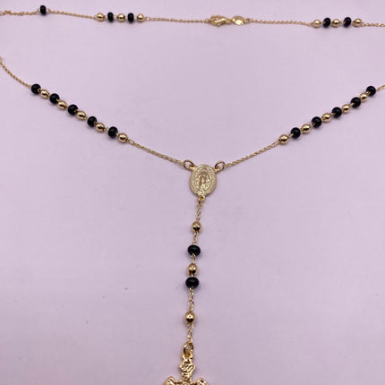 Vintage Gold Rosary Necklace | Black Onyx Gemstone Beaded 9k Gold Filled Cross Pendant Charm Rosary Prayer Necklace