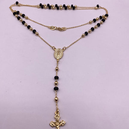 Vintage Gold Rosary Necklace | Black Onyx Gemstone Beaded 9k Gold Filled Cross Pendant Charm Rosary Prayer Necklace