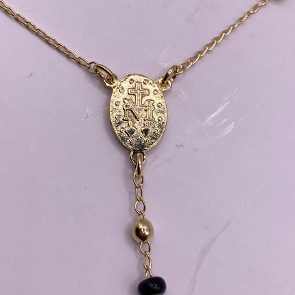 Vintage Gold Rosary Necklace | Black Onyx Gemstone Beaded 9k Gold Filled Cross Pendant Charm Rosary Prayer Necklace