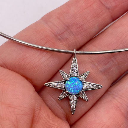 Vintage Silver Hoop Necklace | Tiny Blue Fire Opal White Sapphire Gemstone Star Charm Pendant Choker | 925 Sterling Silver Hoop Necklace