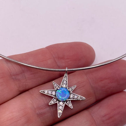 Vintage Silver Hoop Necklace | Tiny Blue Fire Opal White Sapphire Gemstone Star Charm Pendant Choker | 925 Sterling Silver Hoop Necklace