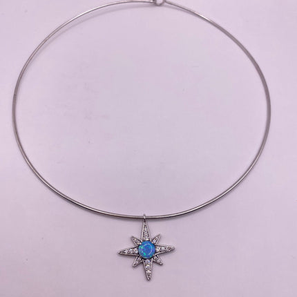 Vintage Silver Hoop Necklace | Tiny Blue Fire Opal White Sapphire Gemstone Star Charm Pendant Choker | 925 Sterling Silver Hoop Necklace